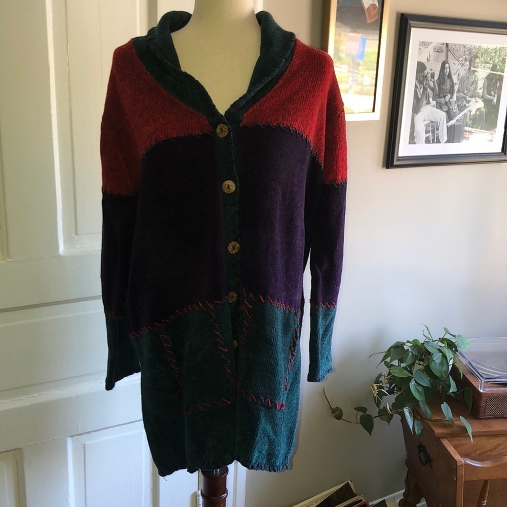 Vintage 90s Studio Works Patchwork Stitch Longline Chenille Knit Cardigan - Picture 2 of 10